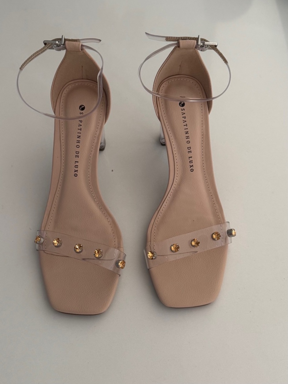 New Tan Ankle-Strap Clear PVC Heels with Gemstone Accents size 7 new in box